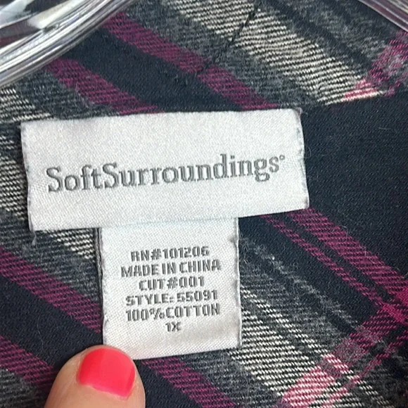 Soft Surroundings Pink Black Plaid Flannel Button Down Tunic Size 1X - Picture 5 of 12
